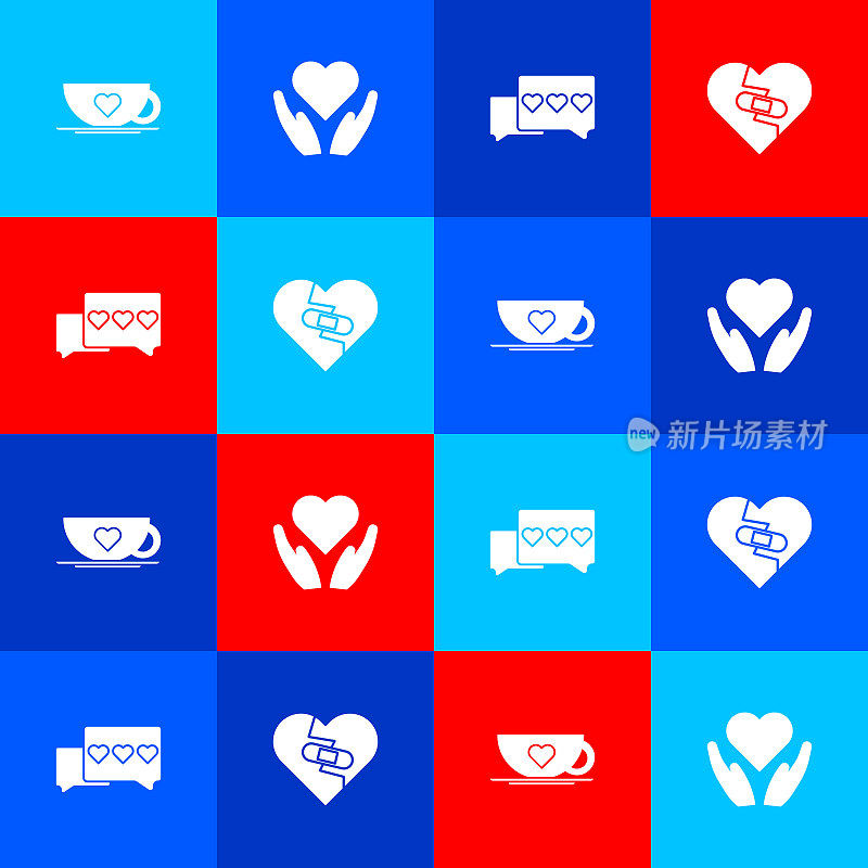Set Coffee cup and heart, Heart in hand, Like and Healed broken icon. Vector
